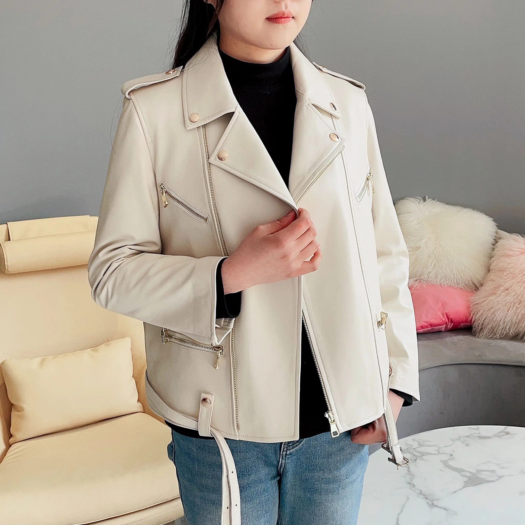 JANEFUR Genuine Leather Jacket Women 2023 New White Streetwear Fashion Moto Biker Zipper Real Sheepskin Coat