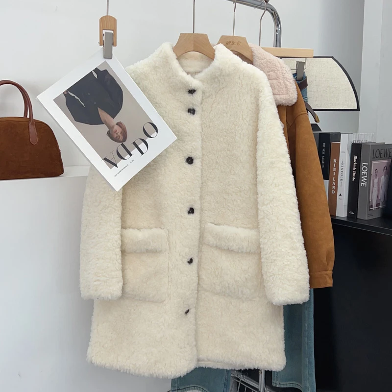 Korean Series 00% Wool Stand Collar Idle Sle Fur Integrated Outerwear Women 2024 Winter New Granular Fleece Coat
