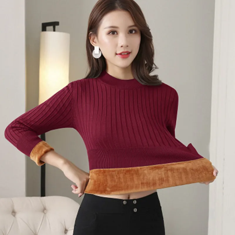 Women's Fleece Sweater Winter Long-sleeved Thickening Warm All-match Knitted Sweater Slim Fit Thin High Elastic Top Women