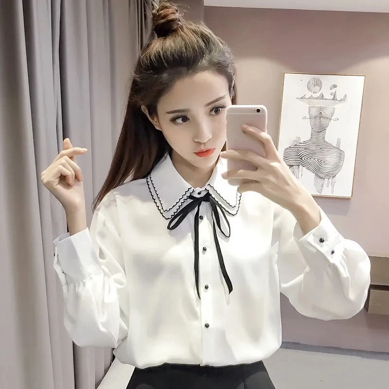 

Korean Fashion Bow Chiffon White Shirt Women College Style Long-sleeved Double-layer Blouse Student Y2k All Match Tops Mujer 4xl