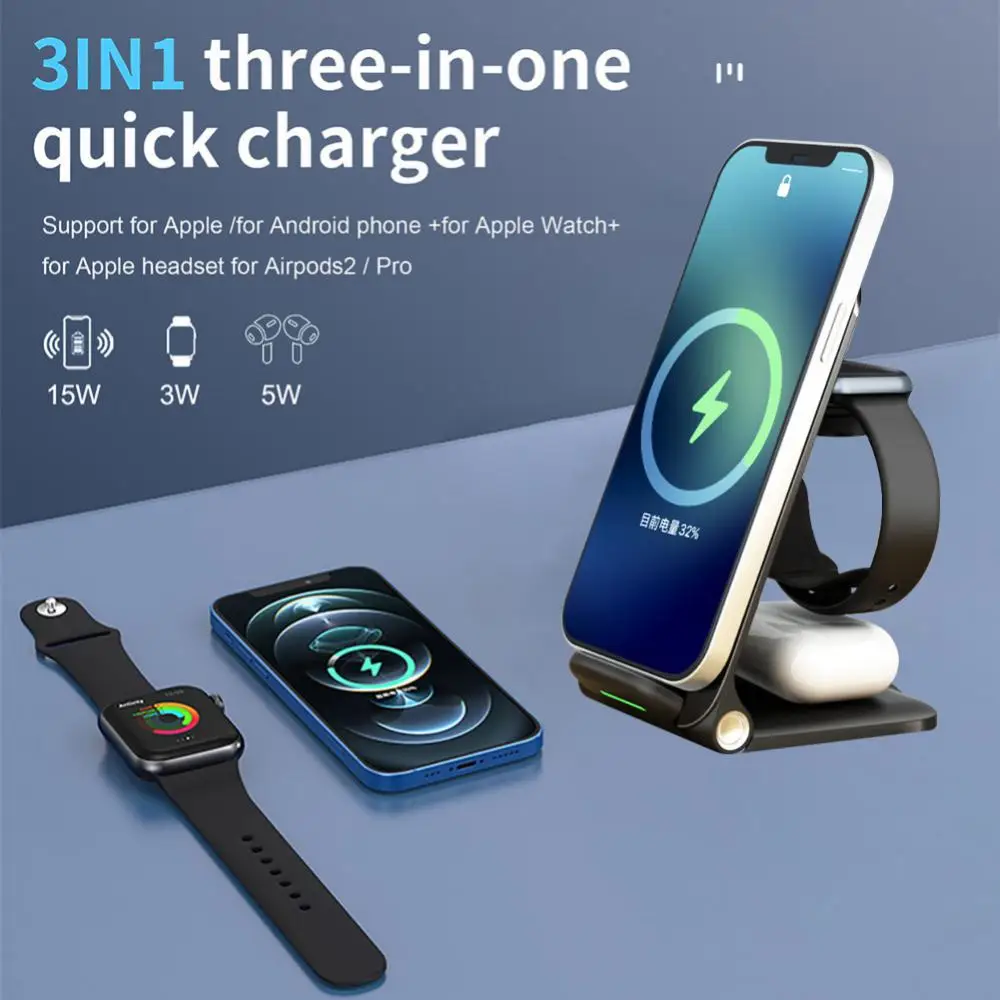 

15W Qi Wireless Charger 3 In 1 Fast Charging Dock Station For Apple Watch 7 6 5 IPhone 13 12 11 XS XR X 8 Airpods Pro Stand