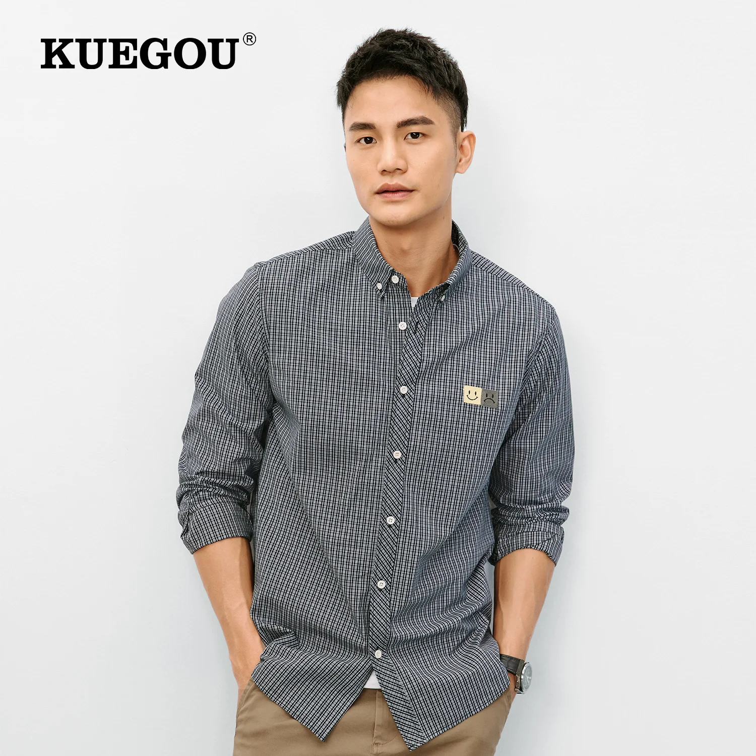 

KUEGOU 2022 Spring 100 Cotton Black Casual embroidery Plaid Shirt Men Male Fashion Collar Button Slim Long Sleeve Clothing 20551