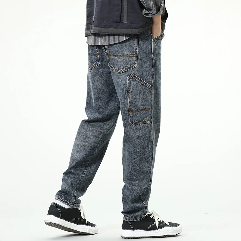 Fashion Streetwear Men Jeans Retro Blue Loose Fit Multi Pockets Casual Denim Cargo Pants Hombre Hip Hop Jeans Men Wide Leg Pants