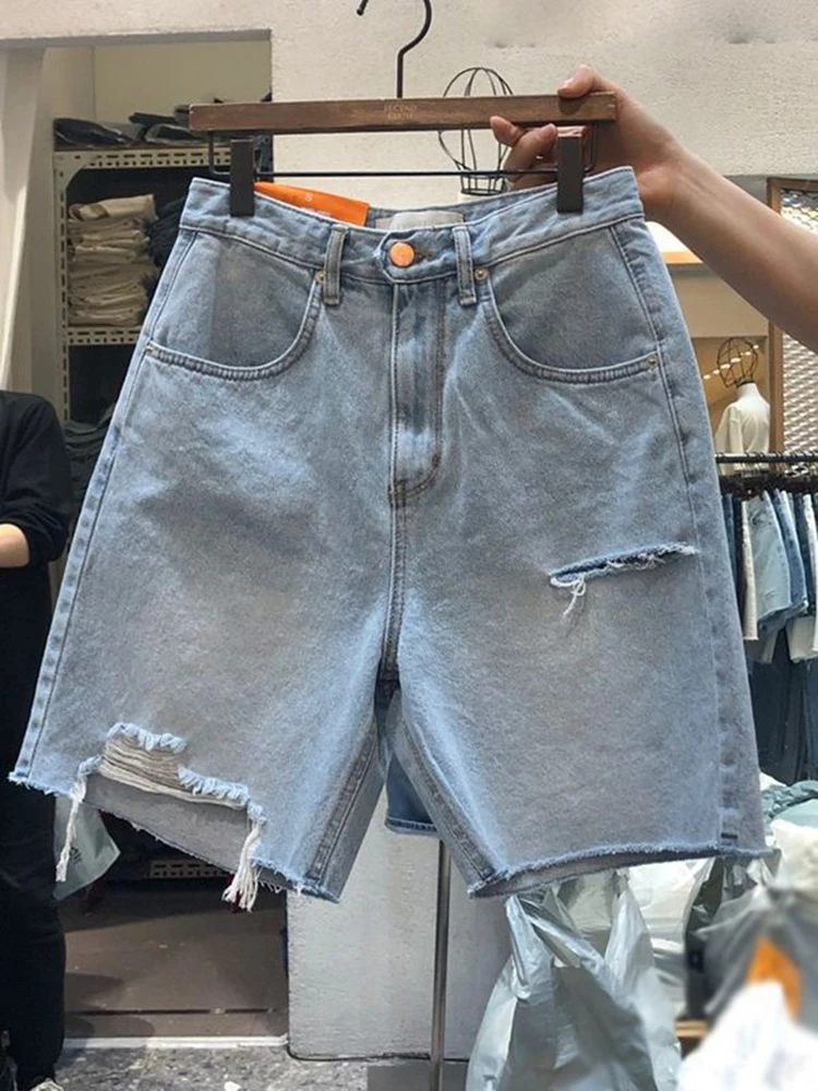 

Jyate 2023 New Summer Women High Waist Blue Wide Leg Denim Shorts Casual Female Solid Streetwear Stright Ripped Jeans Shorts