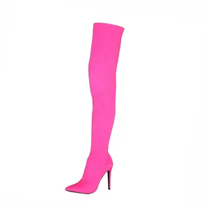 Women  Fluorescent Color Custom Stretch Boots  Fashion Pointed Toe 10.5CM Thin High Heels Over -the- Knee High Boots 34-44
