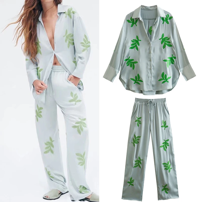 

2022 Spring Women Long Sleeve Leaf Embroidered Shirt High Waist Loose Elastic Waist Lacing Straight Pants Two Piece Suit OP9995