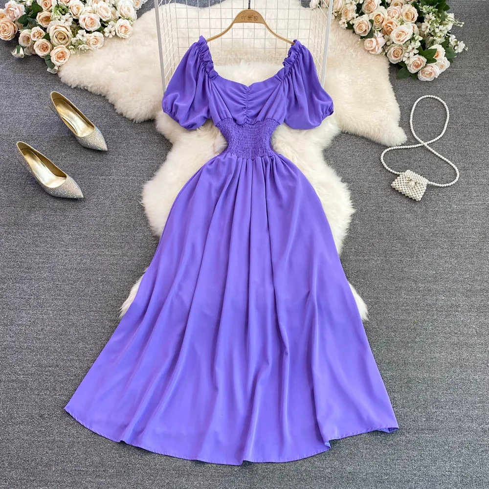 

2022 Summer French Gentle Wind V-neck Bubble Short-sleeved Waist-skimming A-line Dress Elegant Large Swing Long Sexy Dress