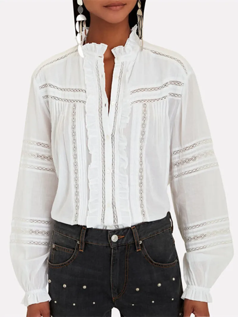 

Women Commuter Single Breasted Blouse Lace Stitching Elegant Shirt Ruffles Long Lantern Sleeve White 2023 Spring Summer Lady Top