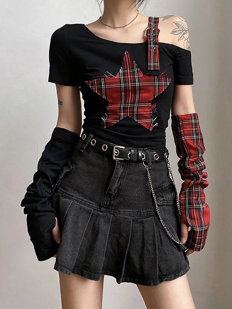 

2022 Vintage Pentagram Patchwork Harajuku T-shirts Gothic One Shoulder With Sleeve Grunge Crop Tops Y2k E-girl Summer Streetwear