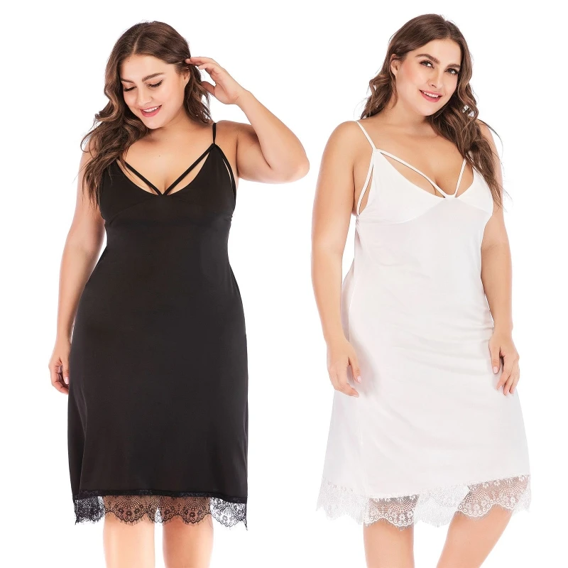 

Women Plus Size Sleeveless Spaghetti Strap Midi Long Slip Dress Sexy Hollow Out Deep V-Neck Eyelash Lace Hem Nightgown Lingerie
