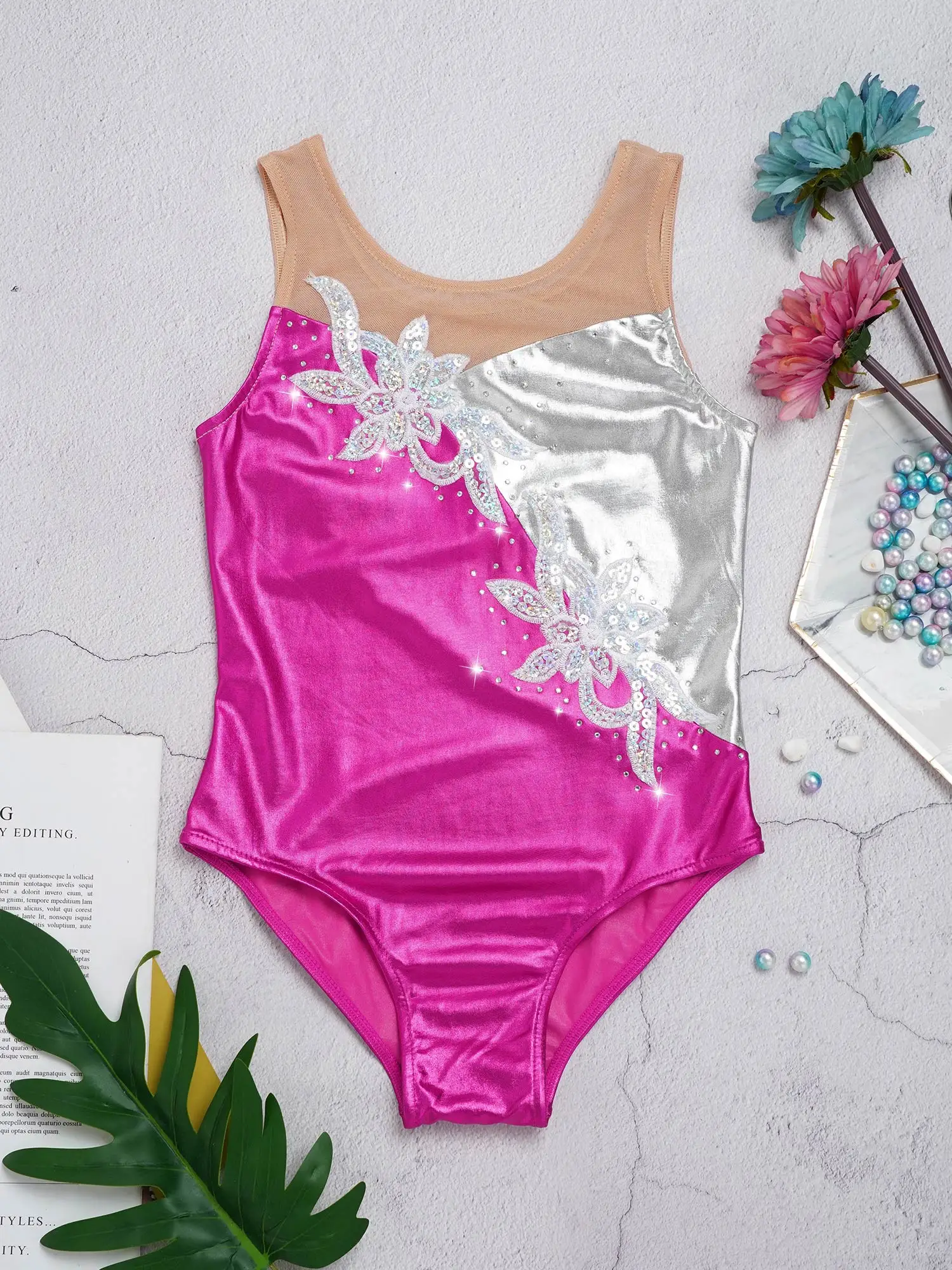 Kids Girls Sleeveless Mesh Patchwork Glittering Sequins Faux Diamonds Adorned Leotard Ballet Dance Gymnastic Skating Jumpsuit