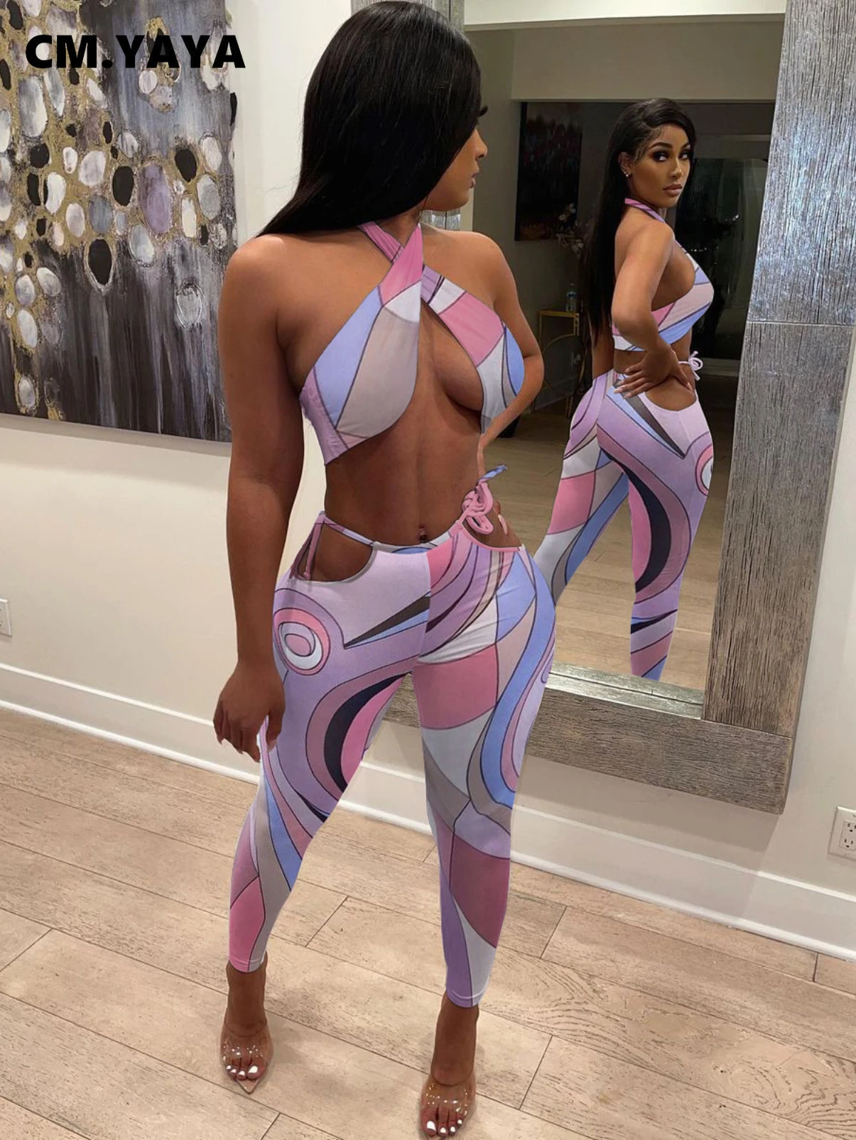 

Женский пляжный комплект для йоги CM.YAYA Tie Dye, лето 2022, укороченный топ с бретелькой через шею и леггинсы, комплект из двух предметов, спортивны...