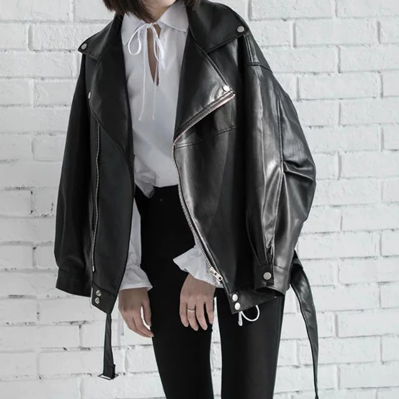 

HWL Streetwear Faux Pu Leather Jacket Black Long Sleeve Soft Pocket Moto Biker Coat With Belt Zipper Belted Motorcycle OUTWEAR