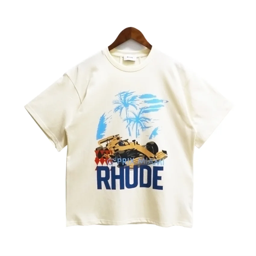 

Apricot RHUDE T-shirt Casual Couple Digital Direct Coconut Tree Printing Fashion Short Sleeve