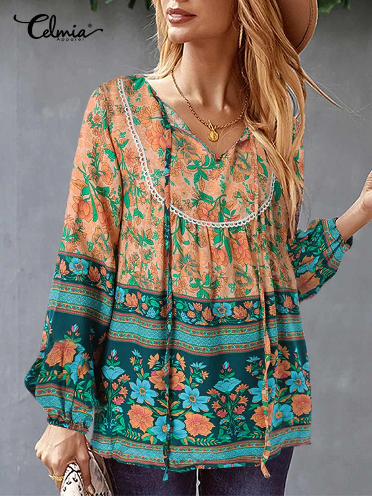 

Celmia Casual Loose 2022 Summer Blusas Vintage Long Sleeve Lace Party Blouses Women V-neck Bohemain Floral Print Tops Shirts