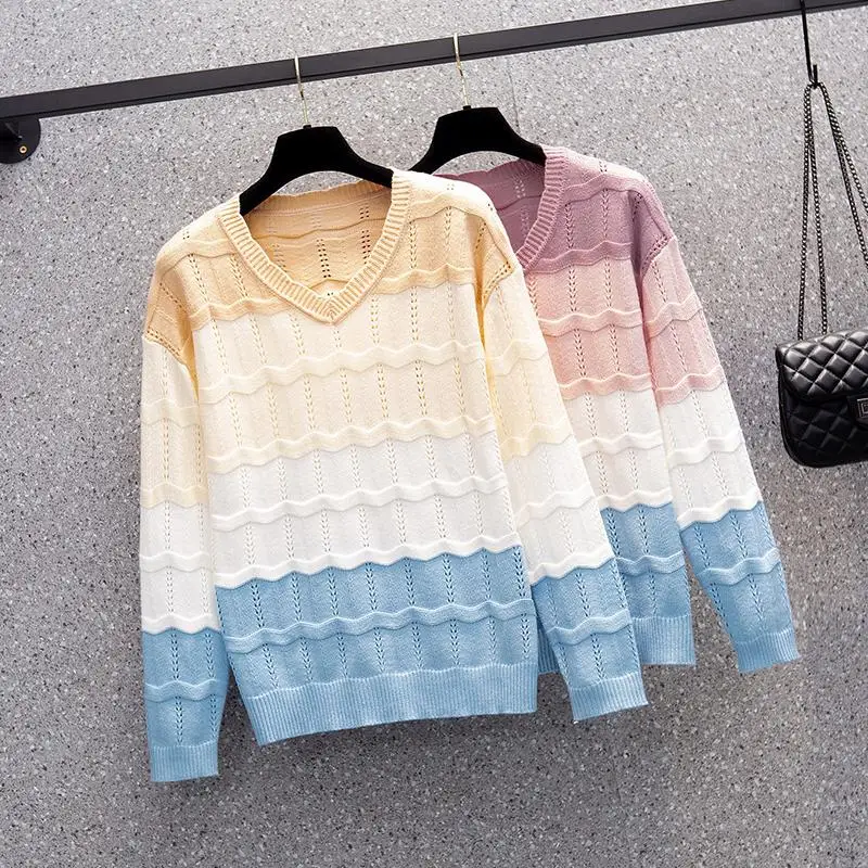 

Oversized Women Sweater 2022 Long Sleeve V Neck Stripe Patchwork Hollow Out Pullover Female Casual Loose Kintting Jumper Top