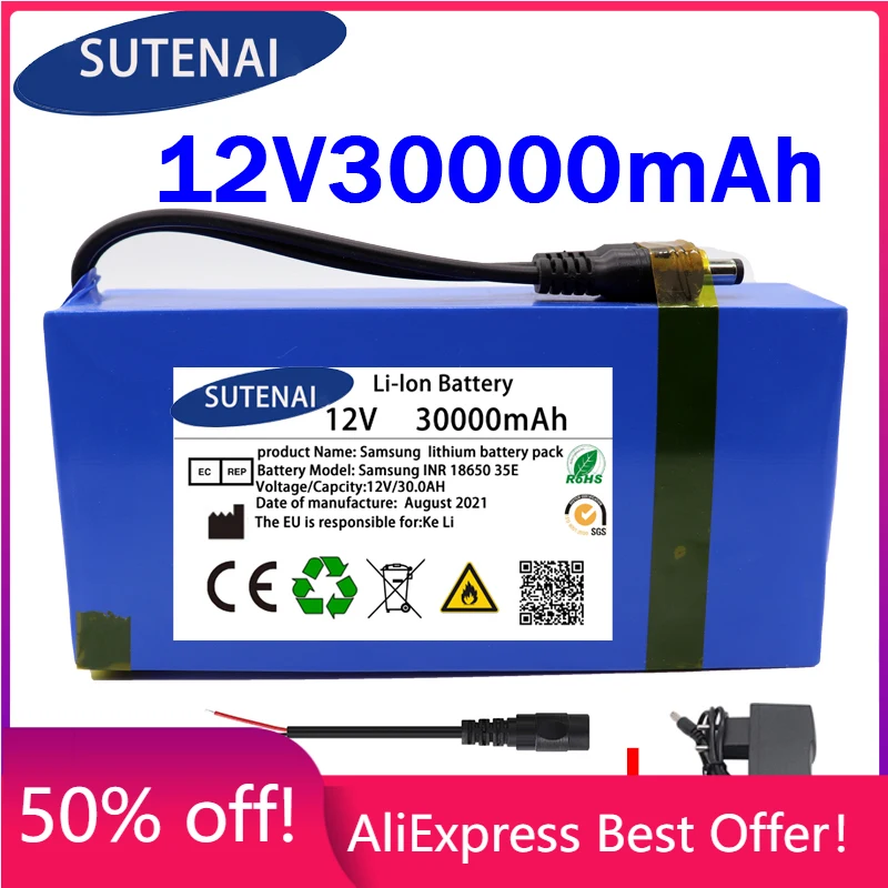 

100% New Portable 12v 30000mAh Lithium-ion Battery pack DC 12.6V 30Ah battery With EU Plug+12.6V1A charger+DC bus head wire
