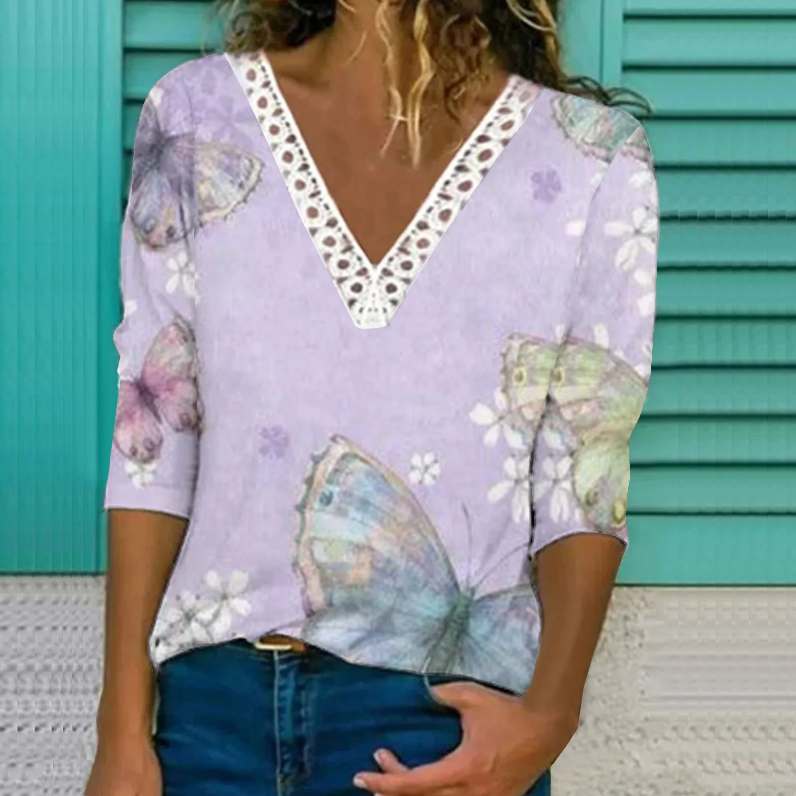 

Топы с рождественским принтом для женщин, вязаная кружевная отделка, футболки с V-образным вырезом, Повседневная Свободная рубашка, женские ...