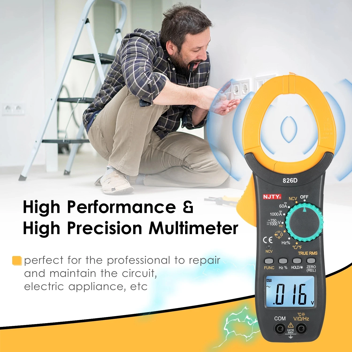 NJTY Digital Clamp Meter DC/AC Current 6000 Counts Multimeter Ammeter Voltage Tester Car Amp Hz Capacitance NCV Ohm Test |