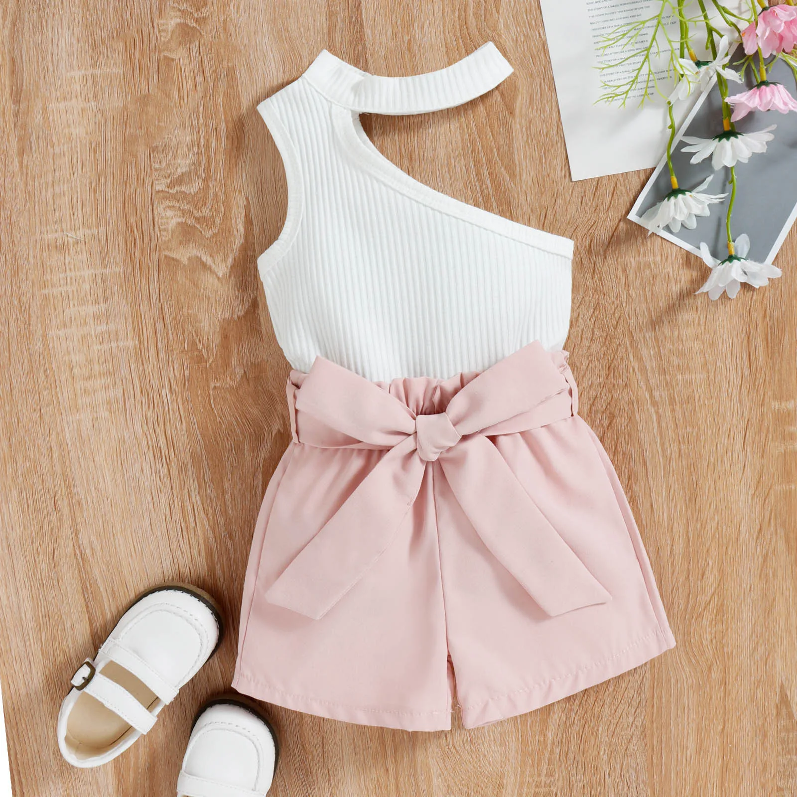

Summer Toddler Girls Sleeveless Ribbed Vest Off Shoulder Tops And Shorts Belt Outfits Baby Girl Clothes Elephant