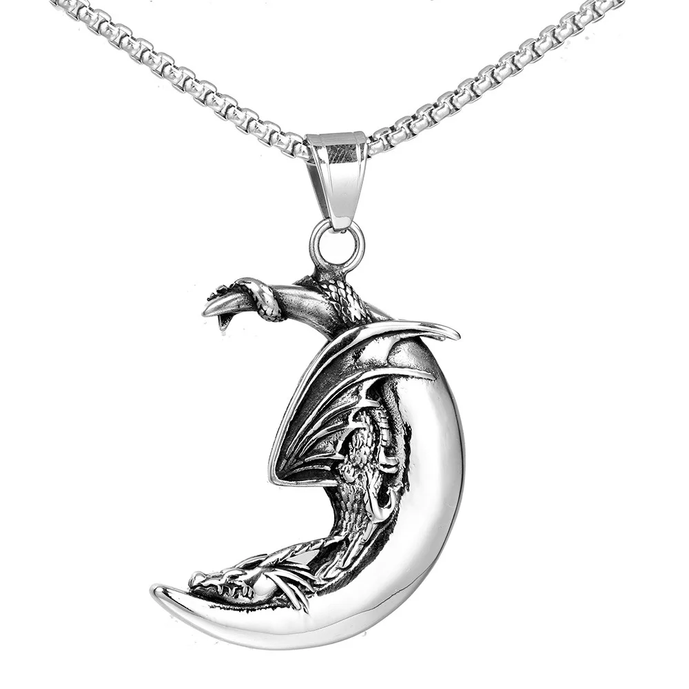 

Vintage Nordic Dragon Moon Pendant Charm Men's Necklace Fashion Christmas Valentine's Day Gift Protector Jewelry Accessories