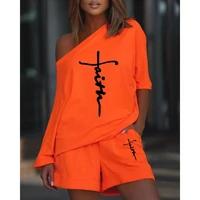 summer women casual letter print two pieces skew neck half sleeve top pocket detail shorts set femme oversized outfits set