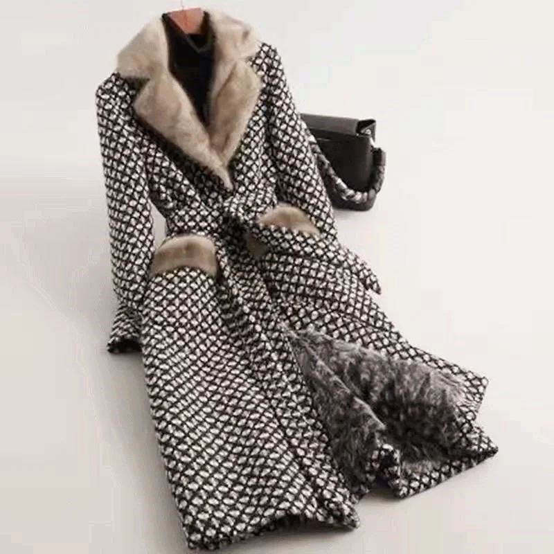 Women New Korean Slim Mink Fur Thick Warm Coat 2022 Winter Tweed Pie Overcoming Fur One Coat Female Mid-length Woolen Jacket