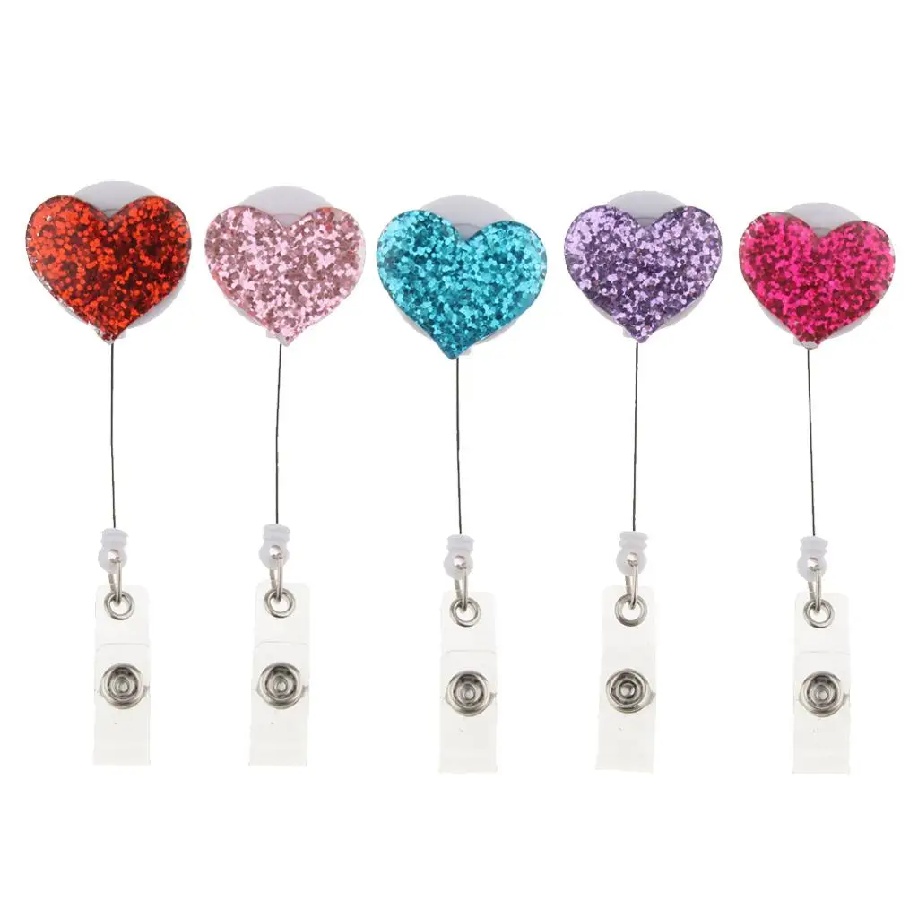 

5pcs Retractable Badge Reel Adorable Bling Love Heart ID Card Holder, Up to 24 inch