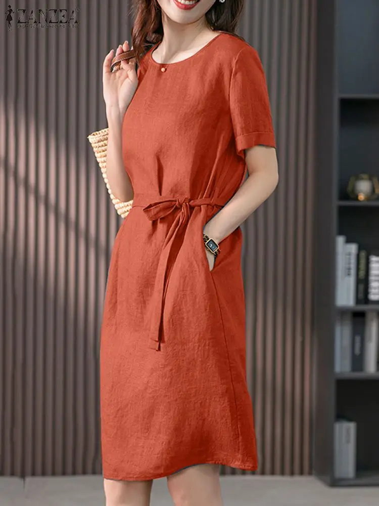 

ZANZEA Fashion Short Sleeve Sundress Summer Woman Casual Cotton Dress Female Solid Color Vestidos OL Tunic Knee Length Robe 2023