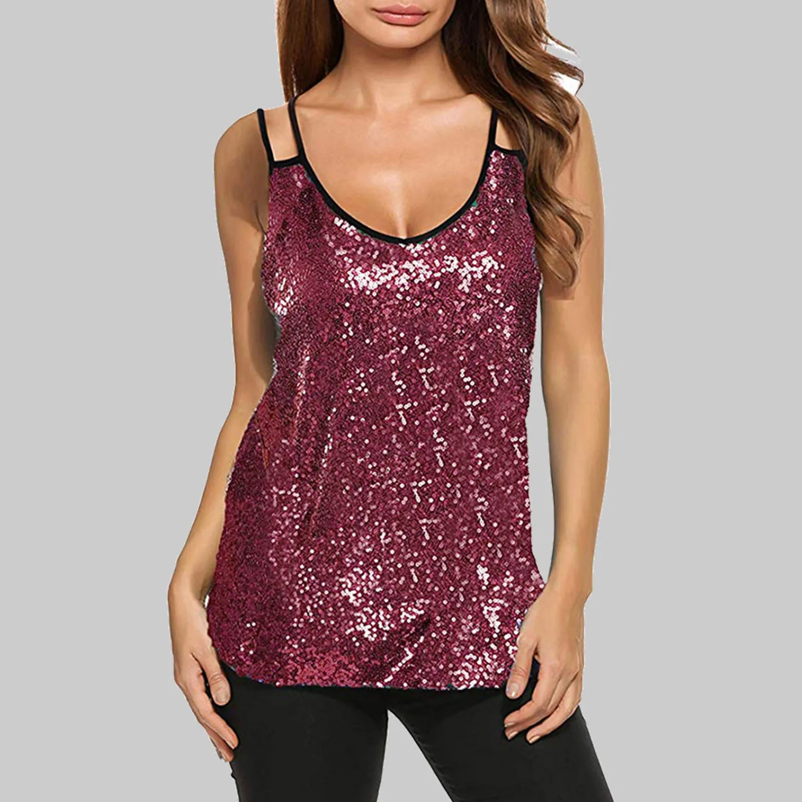 

Women Sexy Sequined Spaghetti Strap Camisole Tank Tops Summer Clubwear Fashion Tops Sexy V Neck Sequin Camis Vest Tops Woman