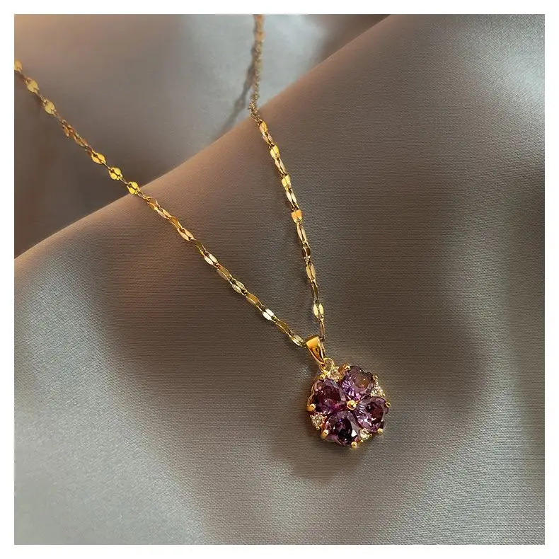 

Purple zircon flower necklace new female micro - inlaid zircon senior temperament clavicle chain