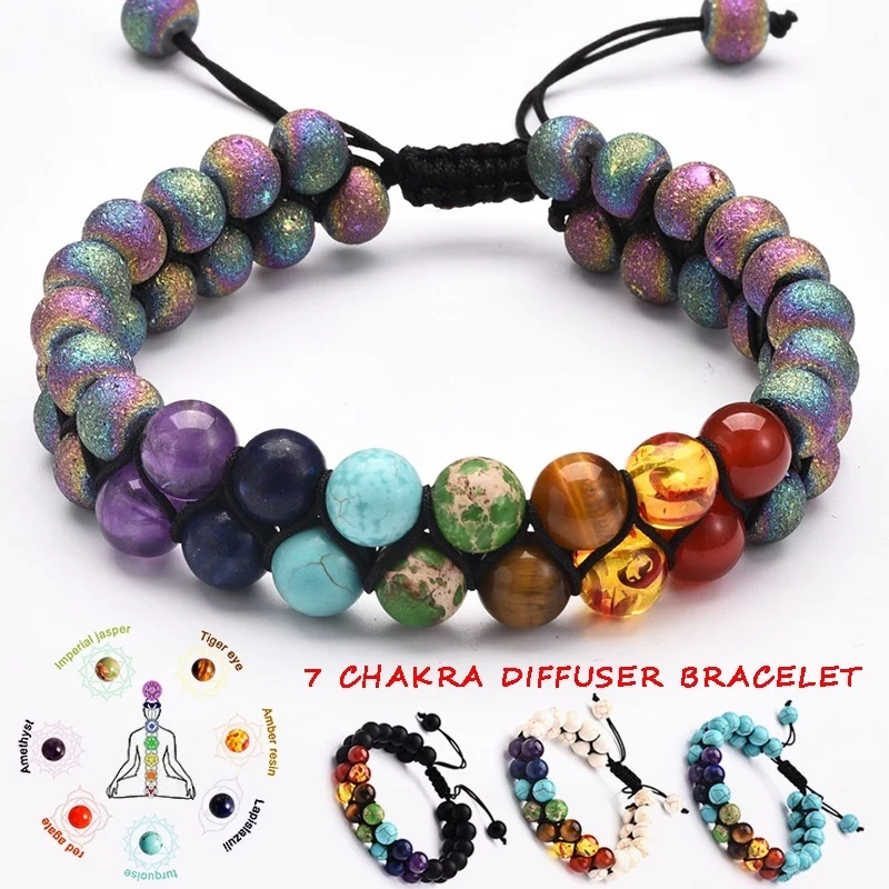 

7 Chakra Beads Lava Rock Bracelet 8mm Double Layer Row Adjustable Unisex Yoga Stone Energy Healing Stone Bracelets Couple Gifts