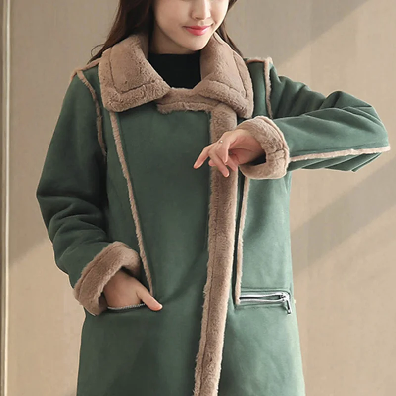 Female Lambswool Jackets Casual Trench New Winter Women Zipper Medium Long Coats Cotton Solid Long Sleeve Outerwear Thick Parkas