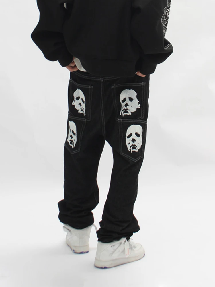 Four Seasons Jeans Men Portrait Print Jeans Men's Ins High Street Tide Brand Casual Straight Pants Trend Slim Pants Ins Hot Sale