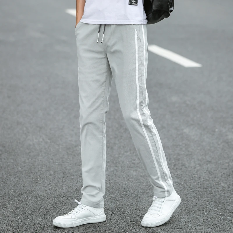 

spring aut Men's Casual Pants Thin Soft Elasticity Lace-up Waist Solid Color Pocket Applique Korea Grey Black Work Trousers Male