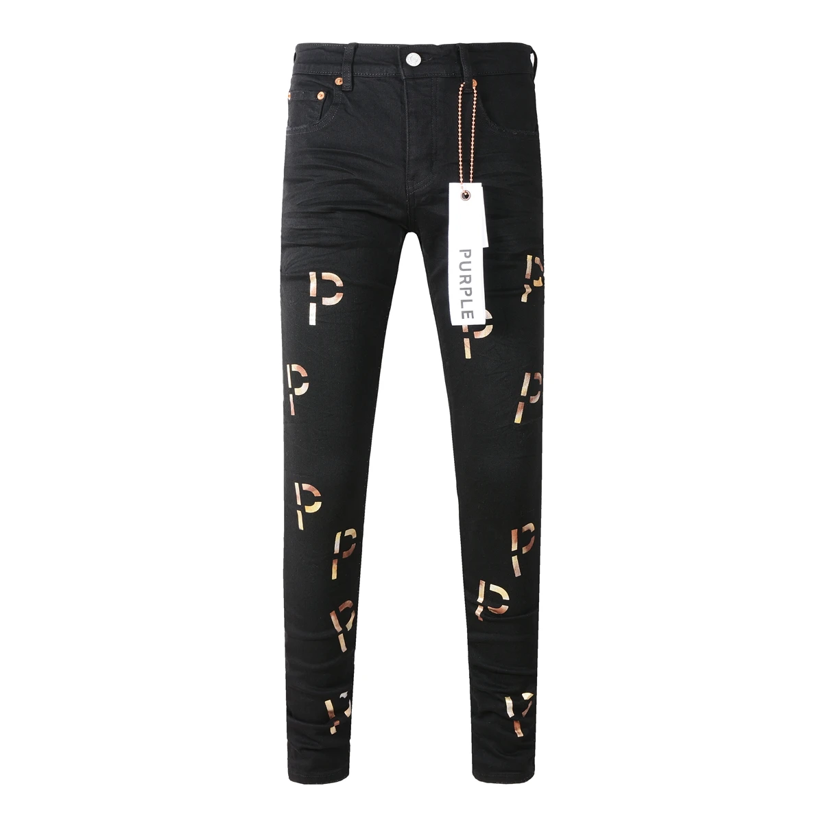 

Purple Brand Men's Letter Print High Street Slim Fit Hip Hop Black Denim Jeans Long Pants Streetwear