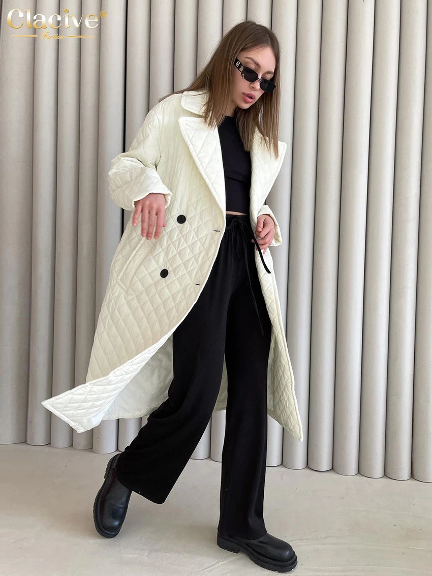 Clacive Winter Beige Coat For Women Fashion Lapel Long Sleeve Office Lady Coats Elegant Lace-Up Warm Jackets Female Clothing