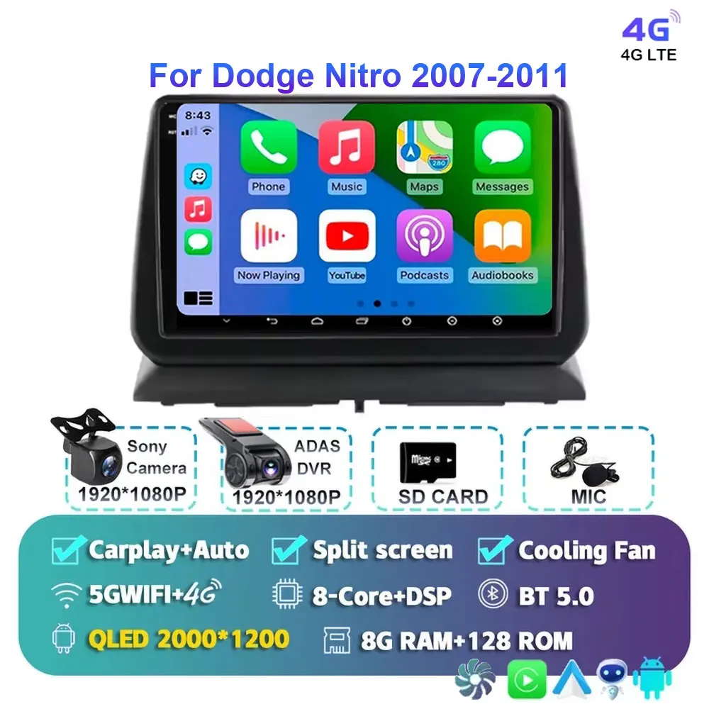 

Android 15 для Dodge Nitro 2007-2011, автомобильный радиоприемник, мультимедийный плеер, навигация, стерео GPS, беспроводной Carplay 4G + WIFI