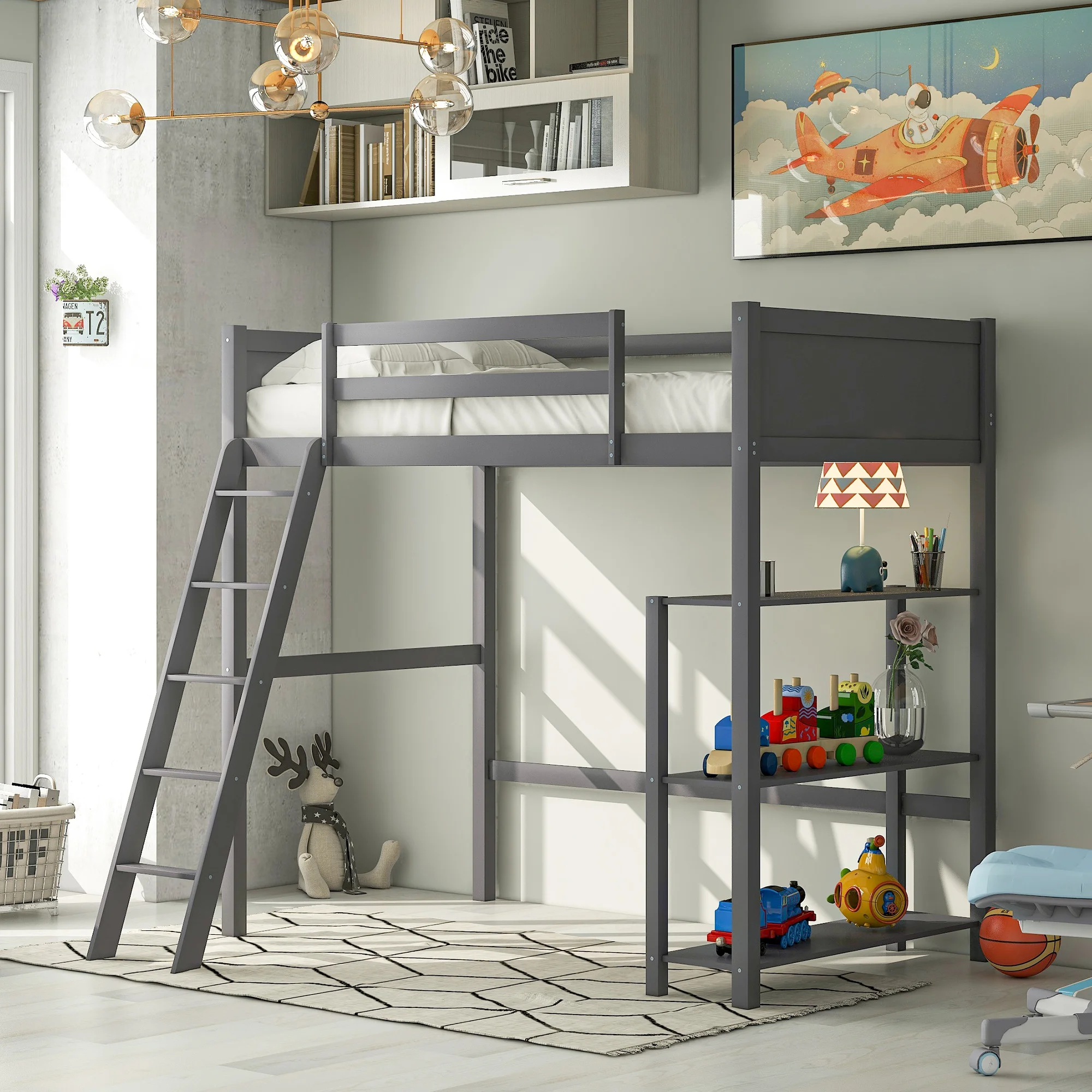 

Twin size Loft Bed with Storage Shelves and Ladder-Gray