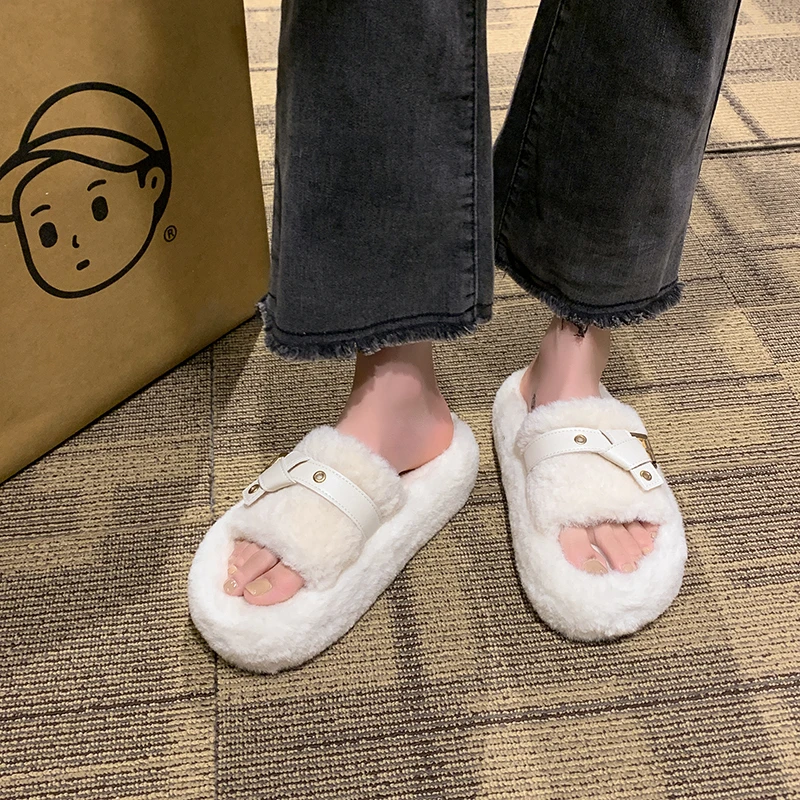 Женская обувь тапочки повседневные меховые шлепанцы плоский плюш удобные теплые