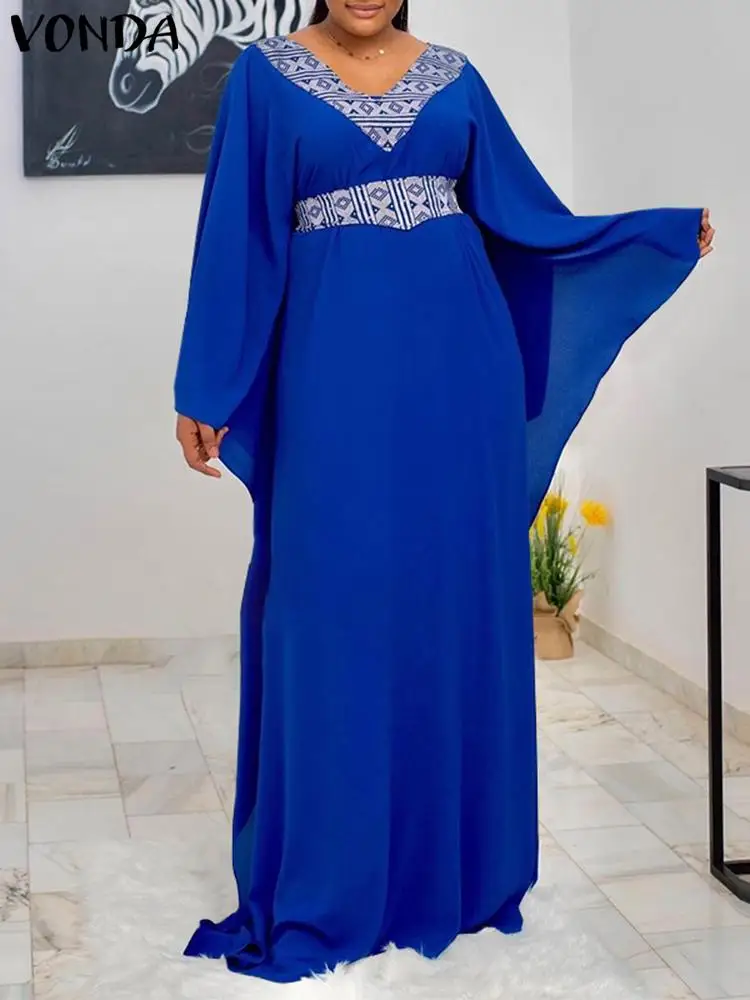 

VONDA 2022 Summer Elegant Long Maxi Dresses Women Fashion V Neck Sundress Pleated Trumpet Sleeve Robe Printed Vestido Oversized