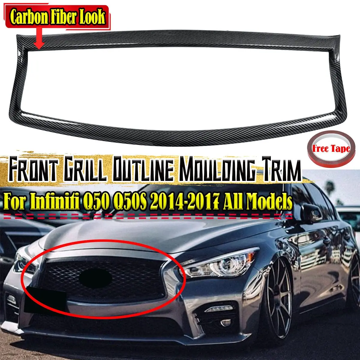 Q50 Car Front Grille Trim Overlay Cover Strip Add On Car Bumper Hood Grill Bezel Rim Frame For INFINITI Q50 Q50S 2014-2021