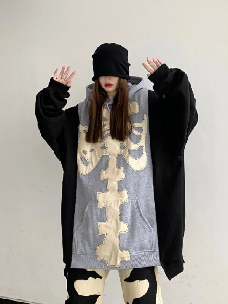 Deeptown Gothicr Skeleton Hoodie Balck Oversize Sweater Cardigan Women Harajuku Hippie Blue Thick Jumper Female Mall Goth Tops
