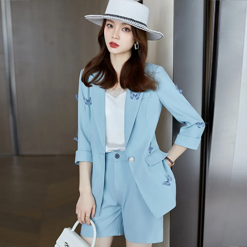 IZICFLY New Style Spring Summer Business Suits Work With Elegant Butterfly Flower Blazer Office Wear 2 Piece Women Shorts Sets