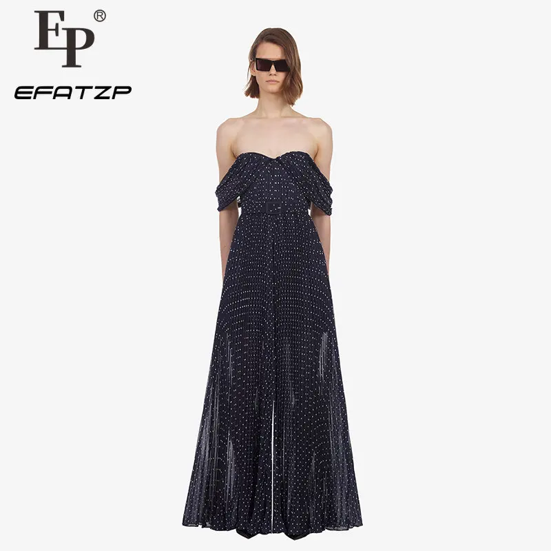 

EFATZP Women Fashion Runway Jumpsuit 2022 Off Shoulder Halter Point Print Chiffon Female Wide-leg Rompers