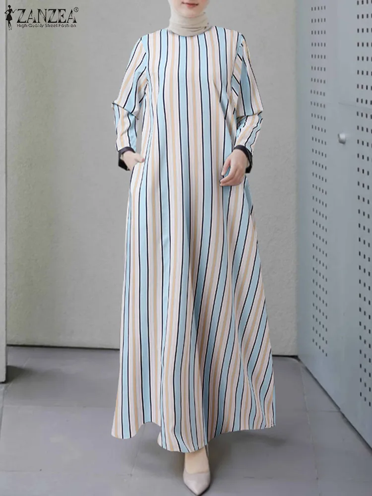 

ZANZEA Bohemian Elegant Muslim Vestidos Stripe Printed Dress Women Long Sleeve Ramadan Turkey Vintage Casual Sundress Maxi Robe