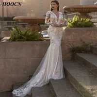 herburnl deep v neck sexy tulle wedding dress 2022 long sleeves fashion applique backless sweep train women custommade