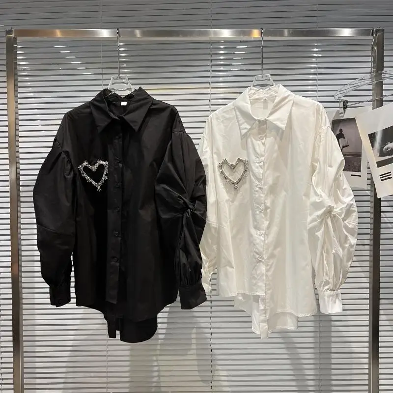 

Новинка Весна 2023, черная, белая Свободная Повседневная рубашка с рукавами-фонариками в виде сердечек, Женская стильная рубашка высокого качества
