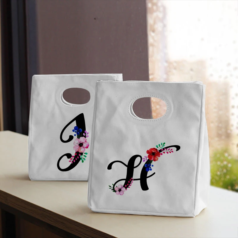 

26 Letters Canvas Neutral Insulated Lunch Bag Canvas Tote Bag Thickened Reusable Office Picnic Portable Food Storage Bag