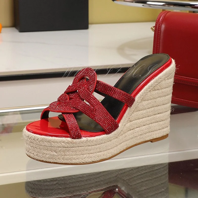 

Red Crystal Embellished Wedge Sandals Ladies Platform Espadrilles Diamond Glitter Heels Bling Cross Wrap Round Open Casual Shoes